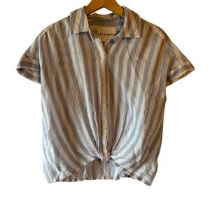 Ladies Striped Button Up Shirt Top Tie Front Linen Blend Blue White S Coastal